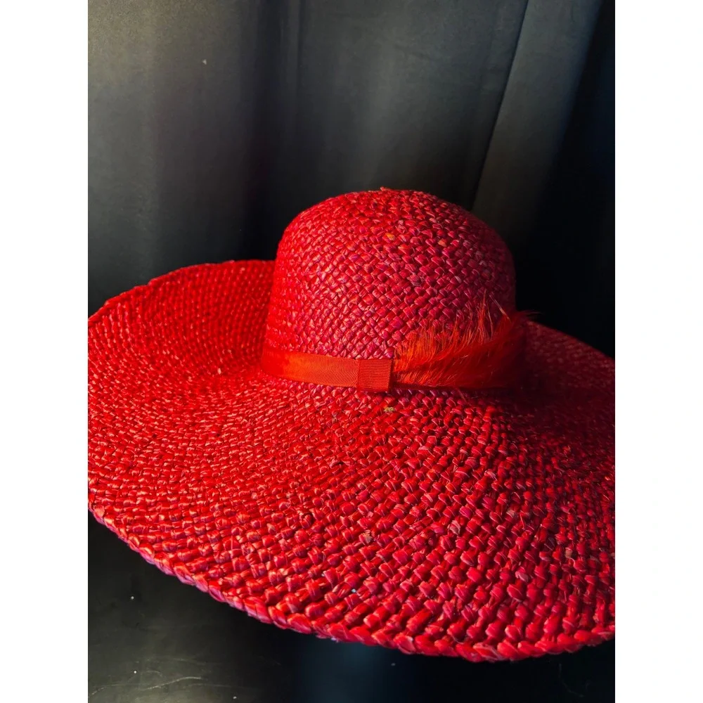 Vintage Red Woven Straw Wide Brim Sun Hat with Feather Detail Floppy Derby Hat